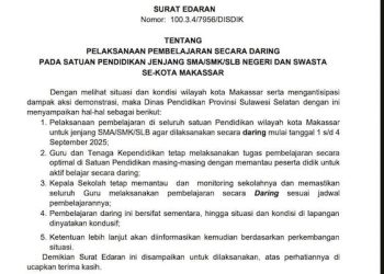 Edaran Pembelajaran Daring untuk SMA Sederajat di Makassar oleh Disdik Sulsel