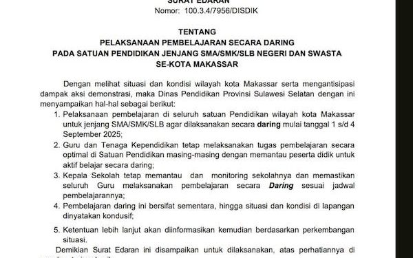 Edaran Pembelajaran Daring untuk SMA Sederajat di Makassar oleh Disdik Sulsel